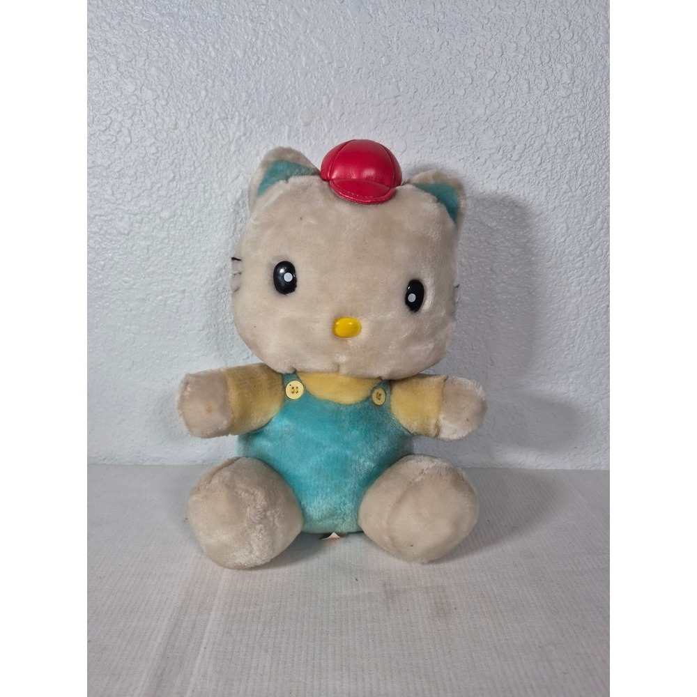 Vintage Hello Kitty Plush Teal Overalls Red Baseball Cap Sanrio Style Toy